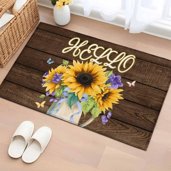 Area Rug 2x3ft Summer Sunflower Brown Palnk Area Rugs Washable Low Pile Floor Carpet for Bedroom, Farm Floral Butterfly Non Slip Soft Rugs for Living Room Entryway Dining Room