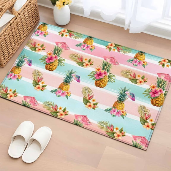 Area Rug 2x3ft, Summer Tropical Fruit Pineapple Washable Rugs for Living Room Bedroom, Pink Green Striped Soft Non-slip Area Rugs Rectangle Floor Carpet for Dining Room