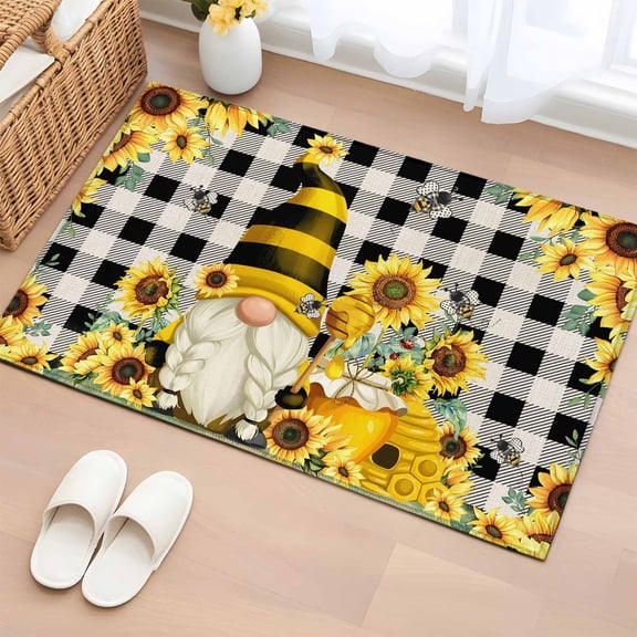 Area Rug 2x3ft Sunflower Dwarf Bee Green Leaves Area Rugs Washable Low Pile Floor Carpet for Bedroom, Black White Checkered Non Slip Soft Rugs for Living Room Entryway Dining Room