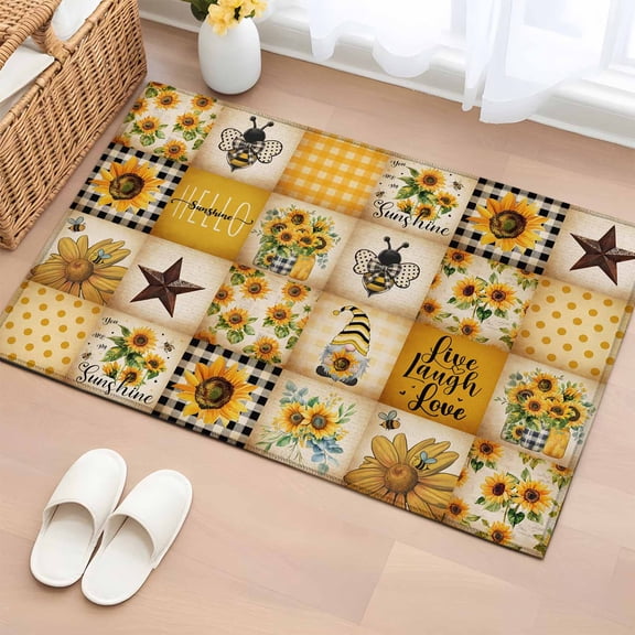 Area Rug 2x3ft Sunflower Gnome Carpets Indoor Floor Area Mat Doormat Entrance Mat Rugs for Entry Living Room Dining Room Kitchen Bedroom, Texas Star Bee Yellow Plaid Sofa Throw Carpet