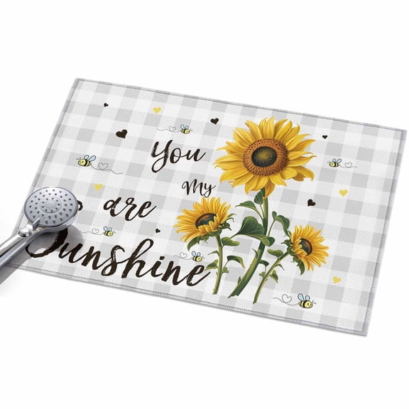 Area Rug 2x3ft Sunflower Leaves Washable Area Rugs for Living Room Spring Floral Gray Plaid Non Slip Floor Carpet Mat for Kitchen Entryway Bathroom Office Home Decor