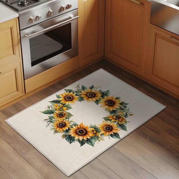 Area Rug 2x3ft Sunflower Wreath Washable Area Rugs for Living Room Linen Background Non-Slip Kitchen Mats Soft Carpet for Entryway, Bathroom, Office, and Home Decor