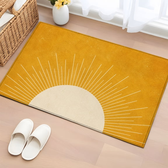 Area Rug 2x3ft, Sunrise Mustard Yellow Washable Rugs for Living Room Bedroom, Minimalist Half Sun Texture Soft Non-slip Area Rugs Rectangle Floor Carpet for Dining Room