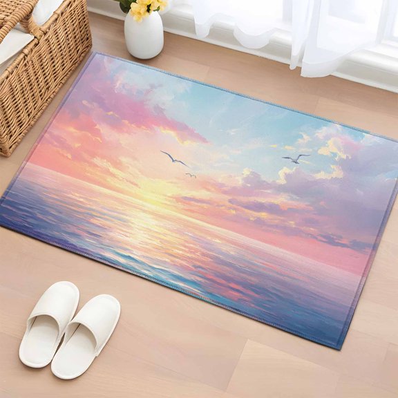 Area Rug 2x3ft Sunset Ocean Pink Gradient Area Rugs Washable Low Pile Floor Carpet for Bedroom, Watercolor Oil Painting Art Non Slip Soft Rugs for Living Room Entryway Dining Room