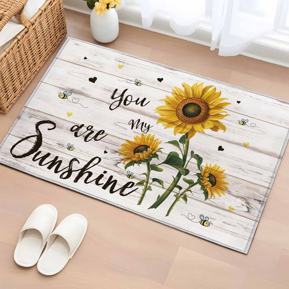 Area Rug 2x3ft Sunshine Sunflower Bee Love Area Rugs Washable Low Pile Floor Carpet for Bedroom, Farm Vintage Wood Board Non Slip Soft Rugs for Living Room Entryway Dining Room