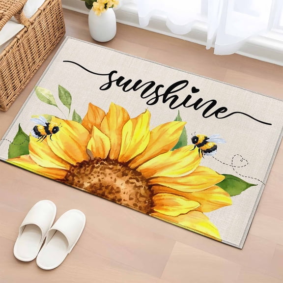 Area Rug 2x3ft Sunshine Sunflower Carpets Indoor Floor Area Mat Doormat Entrance Mat Rugs for Entry Living Room Dining Room Kitchen Bedroom, Bee Farmhouse Linen Sofa Throw Carpet