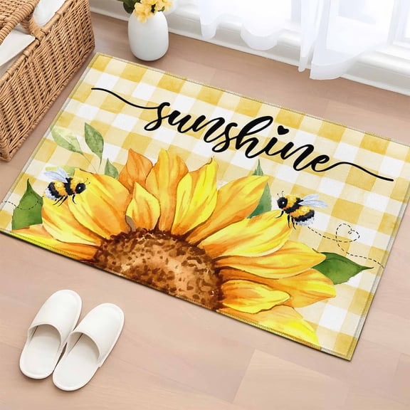 Area Rug 2x3ft Sunshine Sunflower Carpets Indoor Floor Area Mat Doormat Entrance Mat Rugs for Entry Living Room Dining Room Kitchen Bedroom, Bee Yellow Buffalo Plaid Sofa Throw Carpet