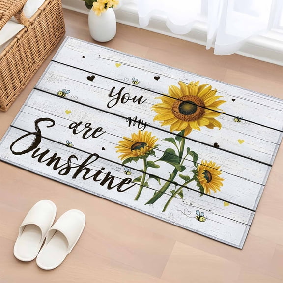 Area Rug 2x3ft My Sunshine Sunflower Quotes Area Rugs Washable Low Pile Floor Carpet for Bedroom, Farm Gray Wood Board Non Slip Soft Rugs for Living Room Entryway Dining Room