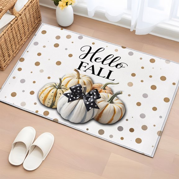 Area Rug 2x3ft, Thanksgiving Pumpkin Bow Dots Washable Rugs for Living Room Bedroom, Letter Hello Falls Soft Non-slip Area Rugs Rectangle Floor Carpet for Dining Room