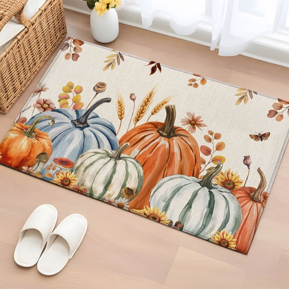 Area Rug 2x3ft, Thanksgiving Pumpkin Eucalyptus Washable Rugs for Living Room Bedroom, Fall Leaves Retro Linen Soft Non-slip Area Rugs Rectangle Floor Carpet for Dining Room