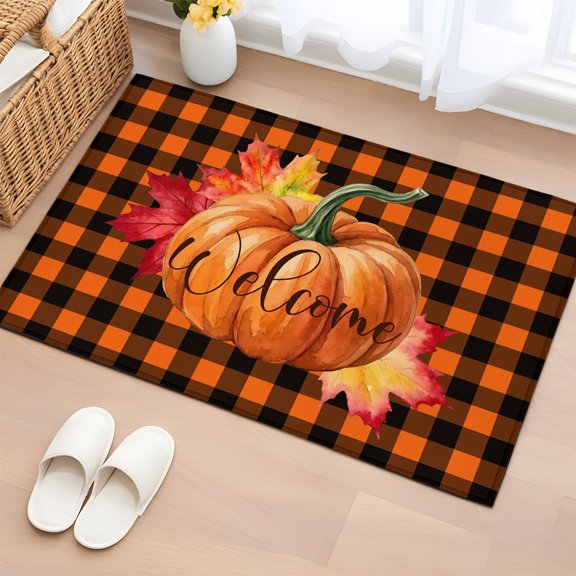 Area Rug 2x3ft Thanksgiving Pumpkin Fall Maple Leaf Area Rugs Washable Low Pile Floor Carpet for Bedroom, Orange Black Buffalo Check Non Slip Soft Rugs for Living Room Entryway Dining Room