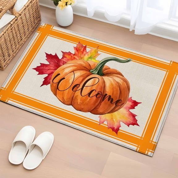 Area Rug 2x3ft, Thanksgiving Pumpkin Welcome Quote Washable Rugs for Living Room Bedroom, Fall Maple Leaf Orange Soft Non-slip Area Rugs Rectangle Floor Carpet for Dining Room