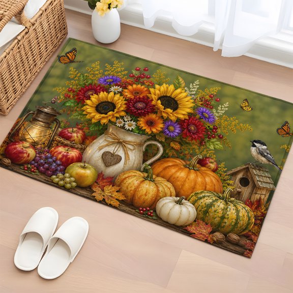 Area Rug 2x3ft, Thanksgiving Sunflowers Pumpkins Washable Rugs for Living Room Bedroom, Pitcher Vase Butterfly Soft Non-slip Area Rugs Rectangle Floor Carpet for Dining Room