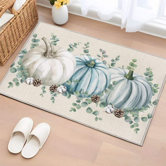 Area Rug 2x3ft, Thanksgiving Watercolor Pumpkin on Linen Washable Rugs for Living Room Bedroom, Eucalyptus Leaves Soft Non-slip Area Rugs Rectangle Floor Carpet for Dining Room