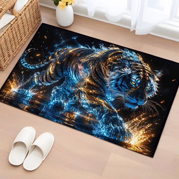 Area Rug 2x3ft, Tiger Wildlife Animal Washable Rugs for Living Room Bedroom, Glowing Blue Gold Soft Non-slip Area Rugs Rectangle Floor Carpet for Dining Room