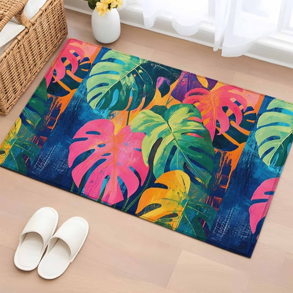Area Rug 2x3ft Tropical Jungle Watercolor Monstera Area Rugs Washable Low Pile Floor Carpet for Bedroom, Abstract Colorful Graffiti Non Slip Soft Rugs for Living Room Entryway Dining Room