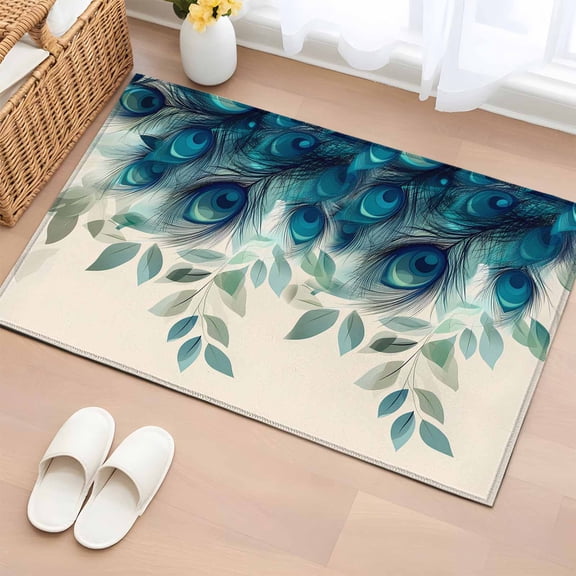 Area Rug 2x3ft Tropical Peacock Feathers Area Rugs Washable Low Pile Floor Carpet for Bedroom, Classic Gradient Teal Pattern Non Slip Soft Rugs for Living Room Entryway Dining Room