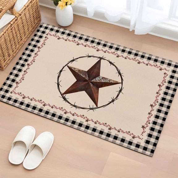 Area Rug 2x3ft Vintage Country Star Ring Area Rugs Washable Low Pile Floor Carpet for Bedroom, Black Buffalo Plaid Non Slip Soft Rugs for Living Room Entryway Dining Room