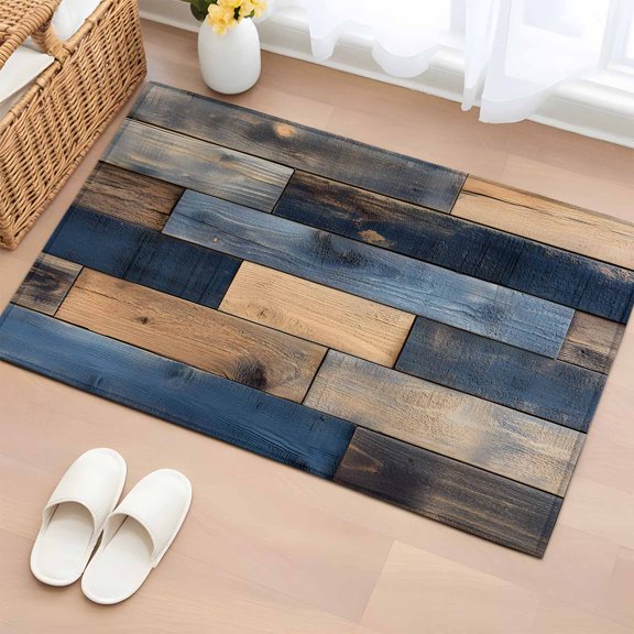 Area Rug 2x3ft Vintage Farmhouse Rustic Wood Panel Area Rugs Washable Low Pile Floor Carpet for Bedroom, Idyllic Beige Blue Wooden Non Slip Soft Rugs for Living Room Entryway Dining Room