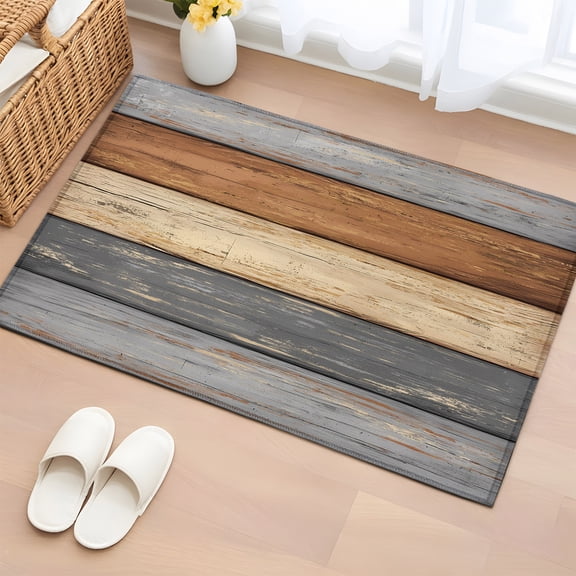 Area Rug 2x3ft Vintage Gray Brown Plank Area Rugs Washable Low Pile Floor Carpet for Bedroom, Farmhouse Wooden Texture Non Slip Soft Rugs for Living Room Entryway Dining Room
