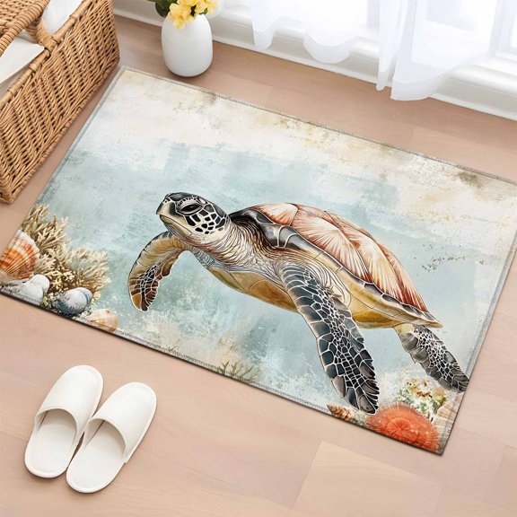 Area Rug 2x3ft Vintage Ocean Sea Turtle Coral Reef on Blue Area Rugs Washable Low Pile Floor Carpet for Bedroom, Underwater World Non Slip Soft Rugs for Living Room Entryway Dining Room