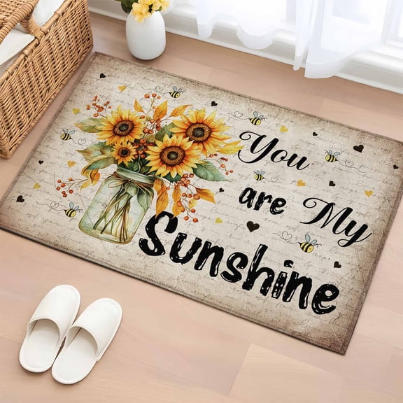 Area Rug 2x3ft, Vintage Pastoral Sunflower Bee Washable Rugs for Living Room Bedroom, Sunshine Quote on Retro Letter Soft Non-slip Area Rugs Rectangle Floor Carpet for Dining Room