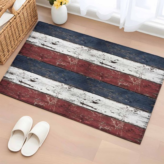 Area Rug 2x3ft Vintage Plank Red Blue White Area Rugs Washable Low Pile Floor Carpet for Bedroom, Country Wooden Board Non Slip Soft Rugs for Living Room Entryway Dining Room