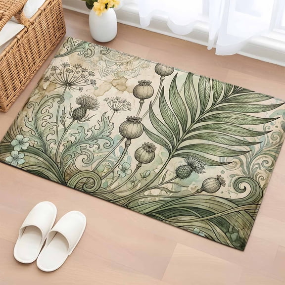 Area Rug 2x3ft, Vintage Poppy Pods Sage Green Fern Leaf Washable Rugs for Living Room Bedroom, Abstract Botanical Soft Non-slip Area Rugs Rectangle Floor Carpet for Dining Room
