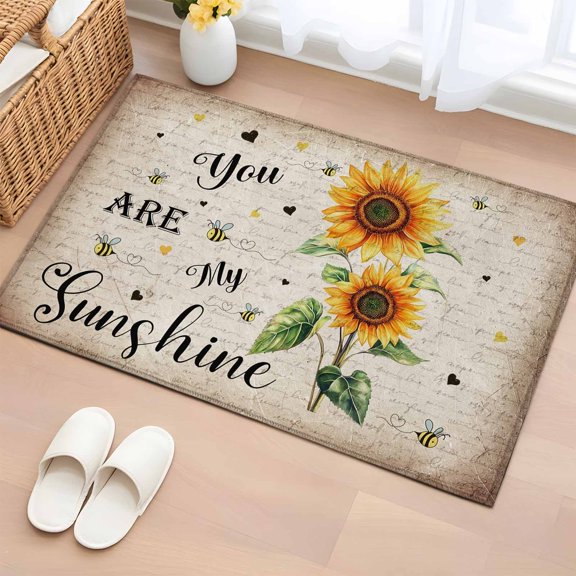 Area Rug 2x3ft Watercolor Farm Sunflower Bee Heart Area Rugs Washable Low Pile Floor Carpet for Bedroom, Sunshine Quote Retro Letter Non Slip Soft Rugs for Living Room Entryway Dining Room