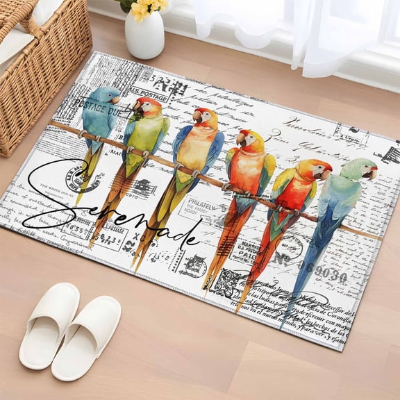 Area Rug 2x3ft Watercolor Parrot on Vintage Postcard Area Rugs Washable Low Pile Floor Carpet for Bedroom, Colorful Bird Letter Texture Non Slip Soft Rugs for Living Room Entryway Dining Room