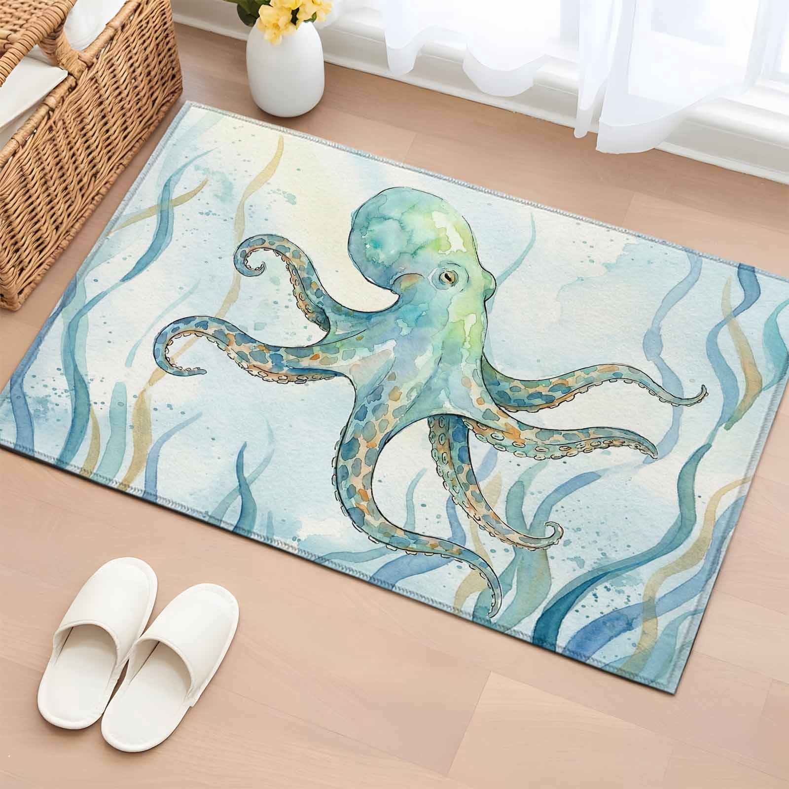Aquatic Rug Area Rug 2x3ft, Watercolor Sea Octopus Coral Washable Rugs for Living ...