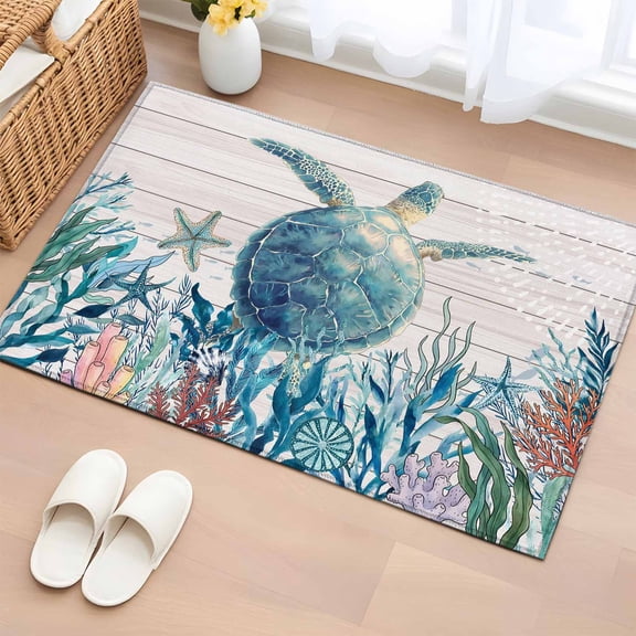 Area Rug 2x3ft Watercolor Sea Turtle on Farm Wood Area Rugs Washable Low Pile Floor Carpet for Bedroom, Sea Stars Corals Non Slip Soft Rugs for Living Room Entryway Dining Room