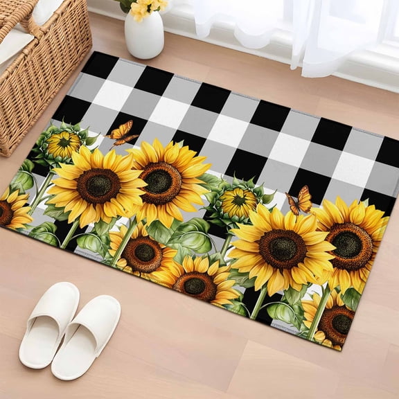 Area Rug 2x3ft Watercolor Sunflower Bee Green Leaves Area Rugs Washable Low Pile Floor Carpet for Bedroom, Black White Checker Non Slip Soft Rugs for Living Room Entryway Dining Room