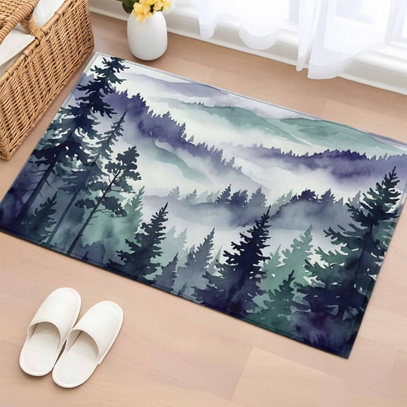 Area Rug 2x3ft Watercolor Tree Mountain Clouds Area Rugs Washable Low Pile Floor Carpet for Bedroom, Purple Green Forest Scenery Non Slip Soft Rugs for Living Room Entryway Dining Room
