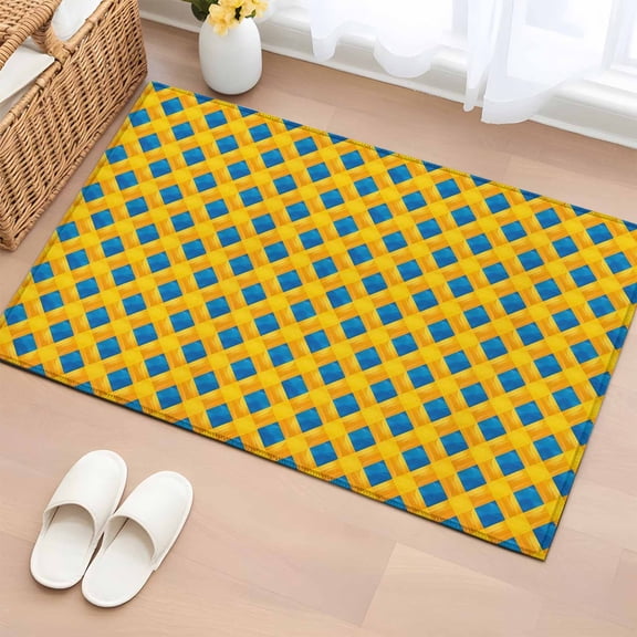 Area Rug 2x3ft, Watercolor Yellow Rhombus Check on Blue Washable Rugs for Living Room Bedroom, Geometric Lines Soft Non-slip Area Rugs Rectangle Floor Carpet for Dining Room