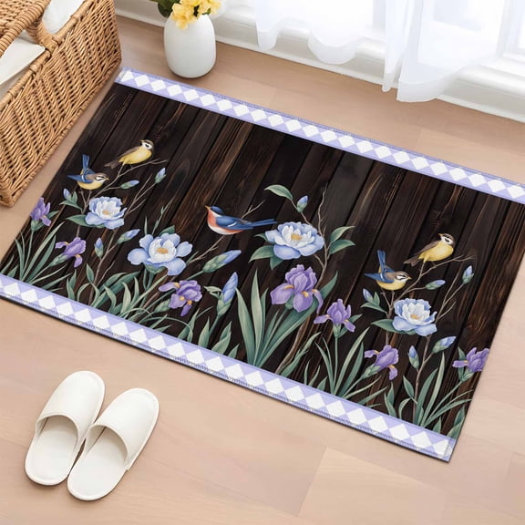 Area Rug 2x3ft Watercolors Birds Blue Purple Flowers Leaf Area Rugs Washable Low Pile Floor Carpet for Bedroom, Retro Wood Board Non Slip Soft Rugs for Living Room Entryway Dining Room