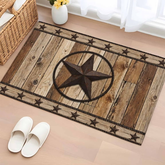 Area Rug 2x3ft Western Star Retro Wooden Board Area Rugs Washable Low Pile Floor Carpet for Bedroom, Farmhouse Brown Plank Non Slip Soft Rugs for Living Room Entryway Dining Room