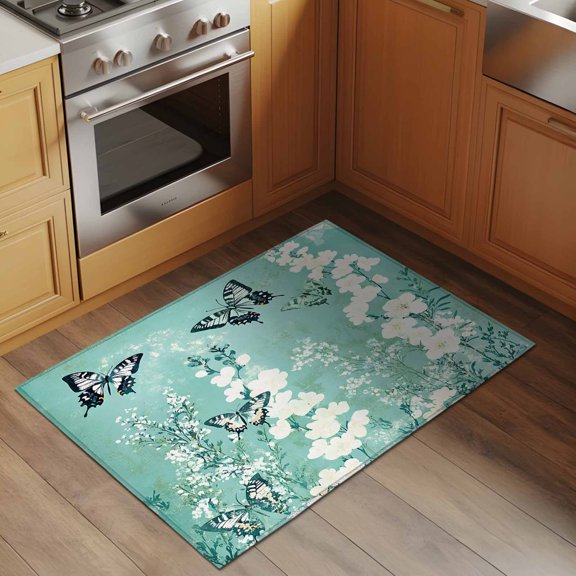 Area Rug 2x3ft White Floral Butterfly Washable Area Rugs for Living Room Teal Flowers Non-Slip Kitchen Mats Soft Carpet for Entryway, Bathroom, Office, and Home Decor