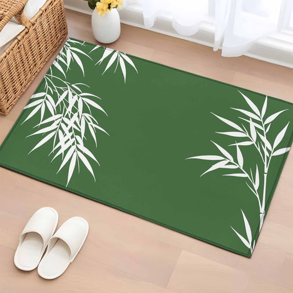 Area Rug 2x3ft White Leaf on Green Area Rugs Washable Low Pile Floor Carpet for Bedroom, Japanese Style Botanical Theme Non Slip Soft Rugs for Living Room Entryway Dining Room