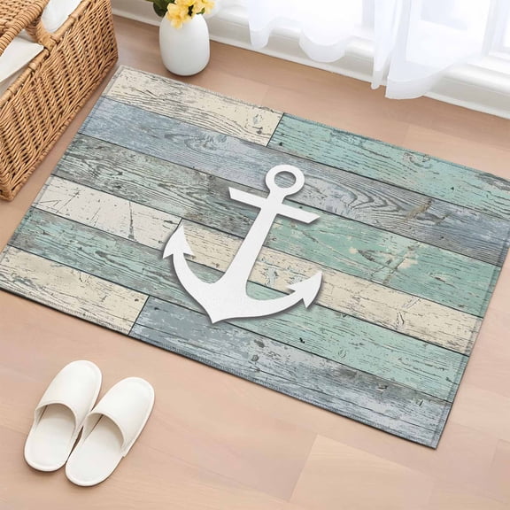 Area Rug 2x3ft White Nautical Anchor Area Rugs Washable Low Pile Floor Carpet for Bedroom, Retro Wood Board Background Non Slip Soft Rugs for Living Room Entryway Dining Room