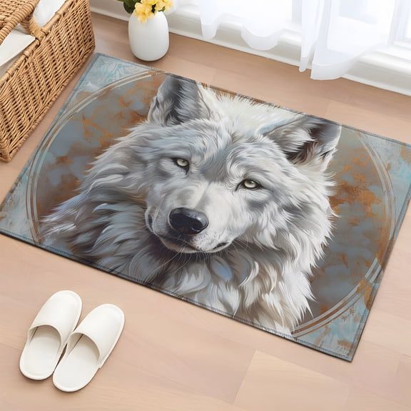 Area Rug 2x3ft White Wolf Animal Cool Wildlife Blue Gradient Area Rugs Washable Low Pile Floor Carpet for Bedroom, Retro Floral Non Slip Soft Rugs for Living Room Entryway Dining Room
