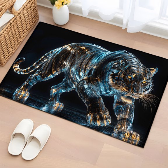 Area Rug 2x3ft, Wildlife Animal Tiger Washable Rugs for Living Room Bedroom, Glowing Blue Gold Soft Non-slip Area Rugs Rectangle Floor Carpet for Dining Room