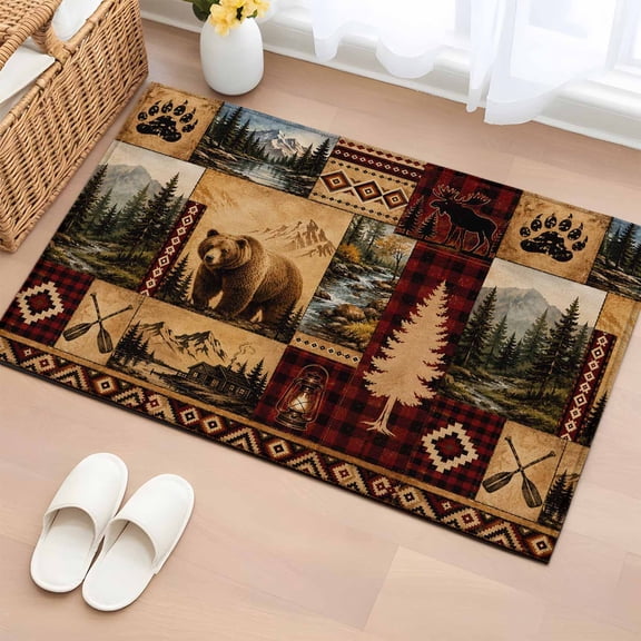 Area Rug 2x3ft, Wildlife Bear Forest Pine Tree Washable Rugs for Living Room Bedroom, Mountain Plaid Tribal Pattern Soft Non-slip Area Rugs Rectangle Floor Carpet for Dining Room