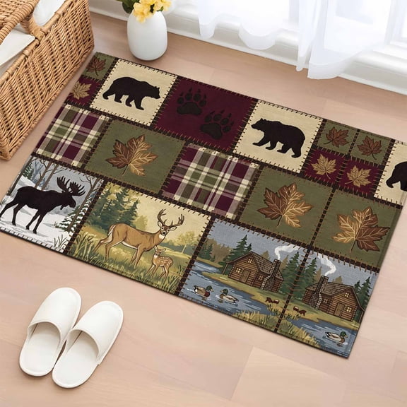 Area Rug 2x3ft, Wildlife Moose Deer Bear Silhouettes Washable Rugs for Living Room Bedroom, Animal Plaid Soft Non-slip Area Rugs Rectangle Floor Carpet for Dining Room