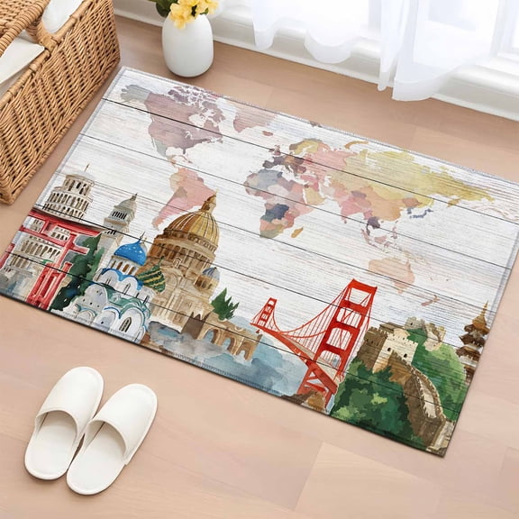 Area Rug 2x3ft World Map Carpets Indoor Floor Area Mat Doormat Entrance Mat Rugs for Entry Living Room Dining Room Kitchen Bedroom, Famous Building Tourism Bridge Wood Grain Sofa Throw Carpet