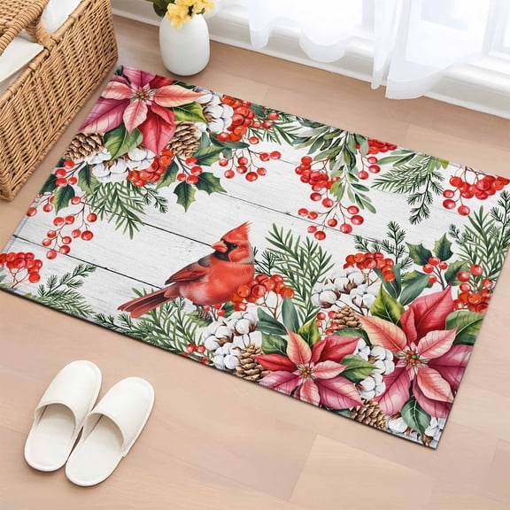 Area Rug 2x3ft Xmas Poinsettia Berry Pinecone Area Rugs Washable Low Pile Floor Carpet for Bedroom, Winter Plant on Wood Board Non Slip Soft Rugs for Living Room Entryway Dining Room