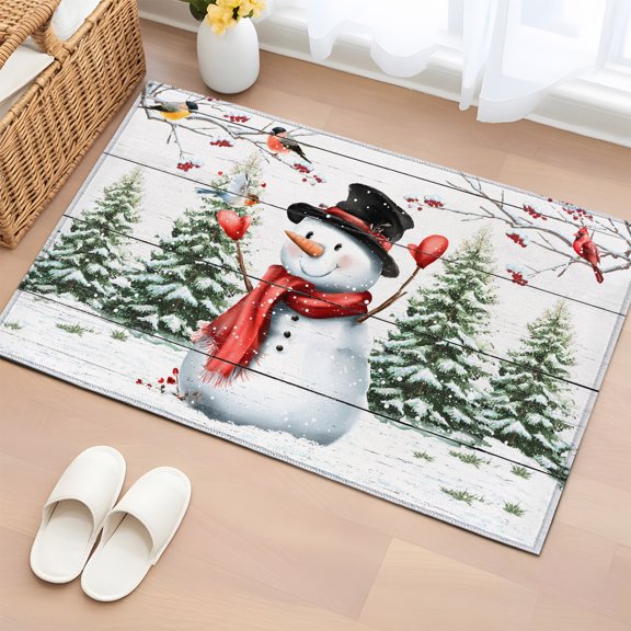 Area Rug 2x3ft Xmas Snowman Christmas Tree Bird Area Rugs Washable Low Pile Floor Carpet for Bedroom, Winter Snow Rustic Plank Non Slip Soft Rugs for Living Room Entryway Dining Room