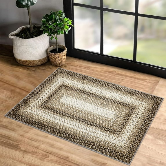 Area Rug - 2x4 Small, Machine Washable, Non Slip, Farmhouse Floor Cover, Braided Printed Rug, Rustic Carpet, Bohemian Accent for Living Room, Bedroom, Taupe