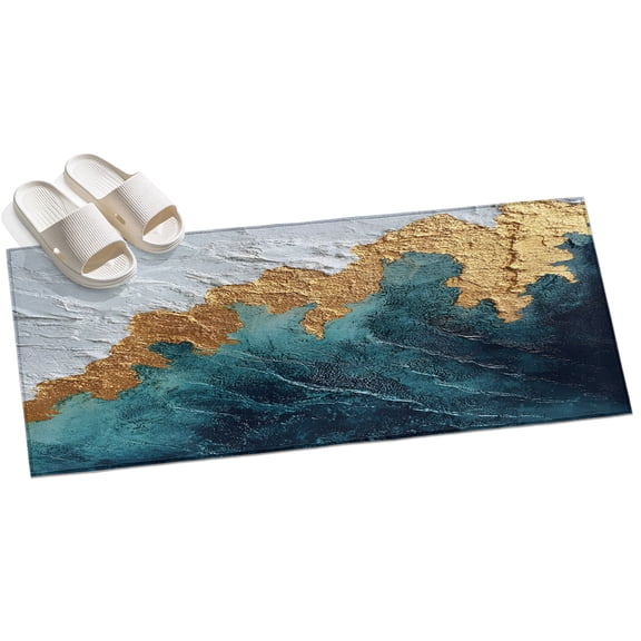 Area Rug 2x6ft Abstract Blue Golden White Waves Area Rugs for Kitchen Runner Rug Modern Art Non Slip Floor Carpet Mat for Kitchen Entryway Bathroom Office Home Decor