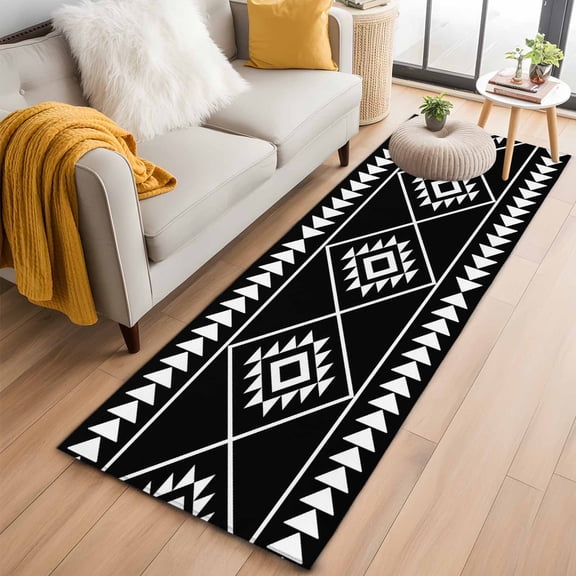 Area Rug 2x6ft Abstract Ethnic Geometric Art Area Rugs Washable Low Pile Floor Carpet for Bedroom, Black White Tribal Triangle Non Slip Soft Rugs for Living Room Entryway Dining Room